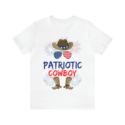 Patriotic Cowboy, American Flag 'Glasses, Cowboy Hat and Boots, Fourth of July 4th Unisex Jersey Short Sleeve Tee