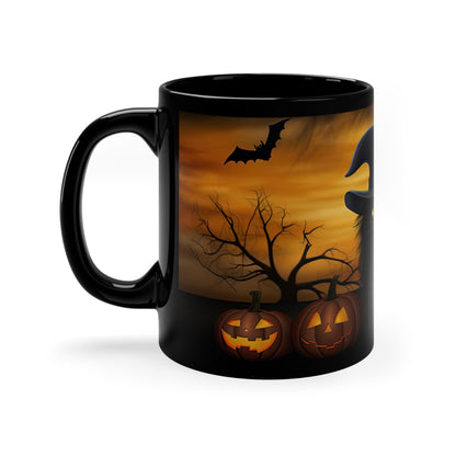 Gothic Witch Hat Cat With Halloween Glowing Orange Sky And Pumpkins 11oz Black Mug