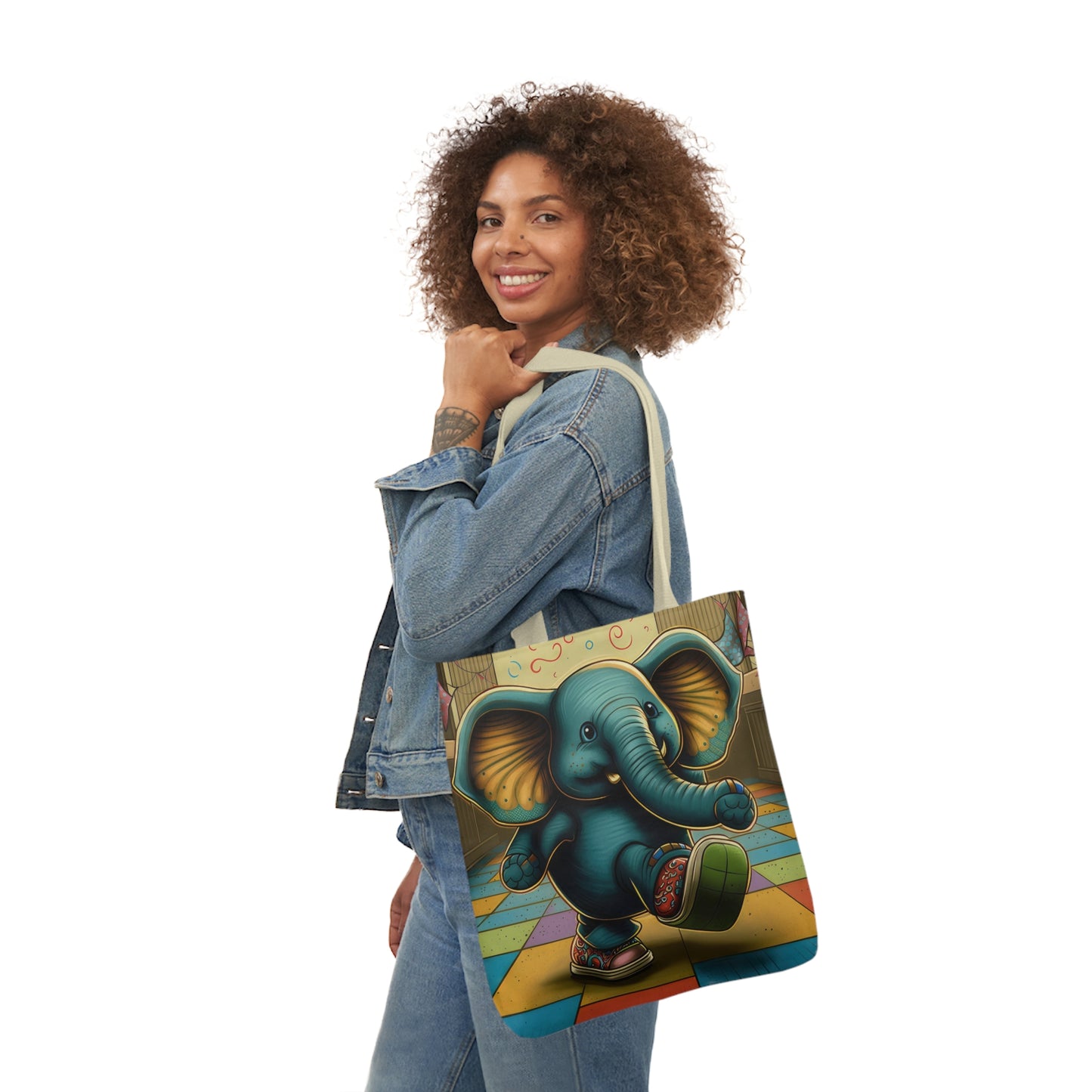 Elephant Kicking Leg On Colored Square Floor Polyester Canvas Tote Bag (AOP)