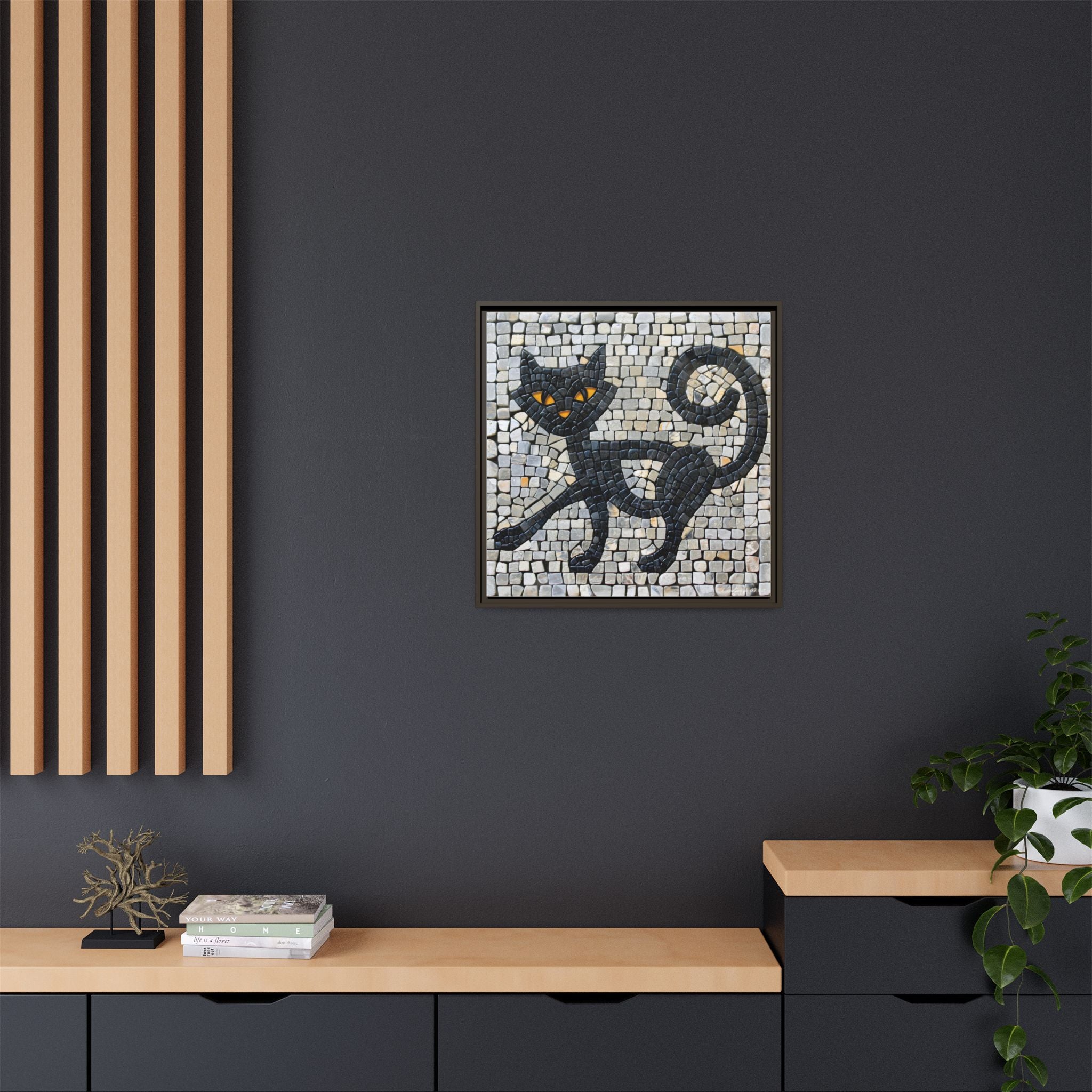 "Curious Black Cat Mosaic", Framed Mosaic Cat Art Print — Colorful Modern Wall Canvas