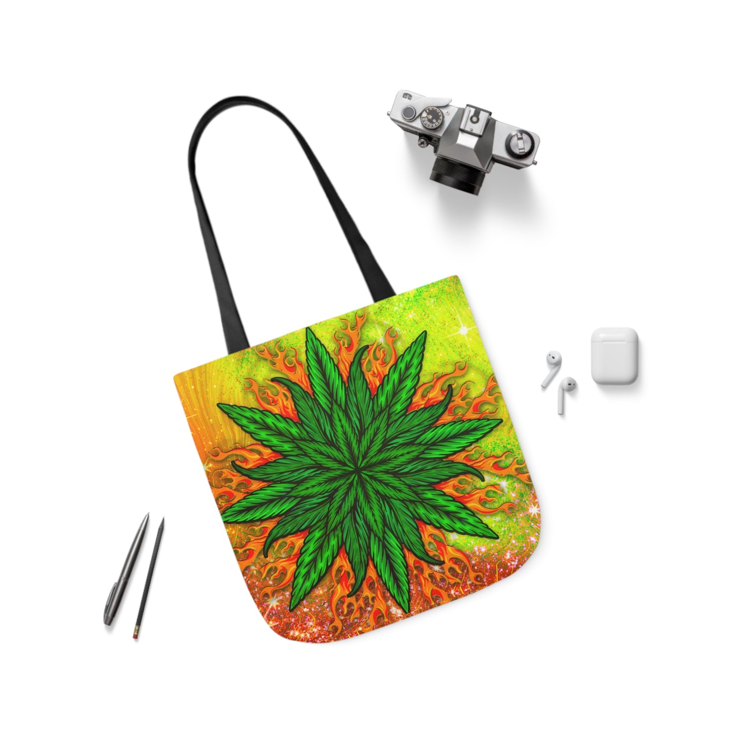 Beautifully Designed Orange, Yellow And Green Marijuana Leave Polyester Canvas Tote Bag (AOP)