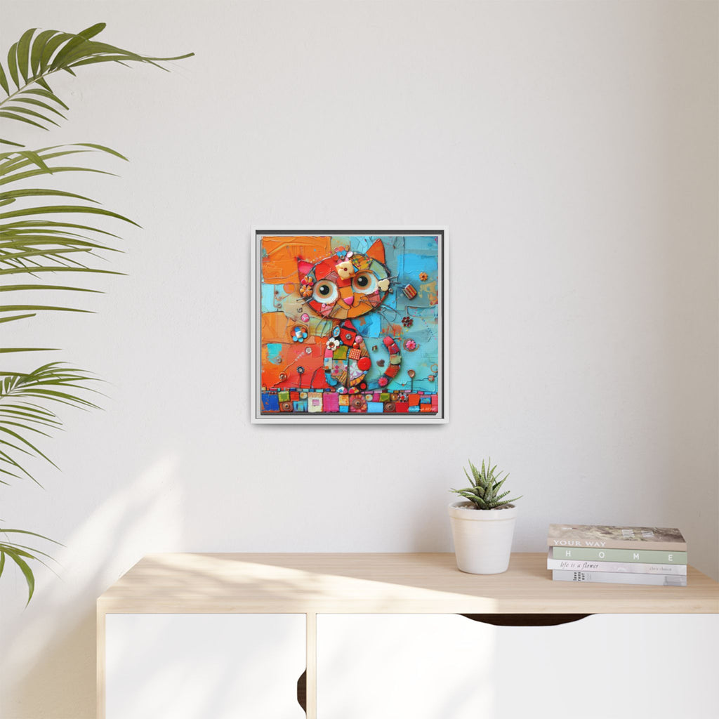 "Whimsical Mosaic Cat", Framed Mosaic Cat Art Print — Colorful Modern Wall Canvas