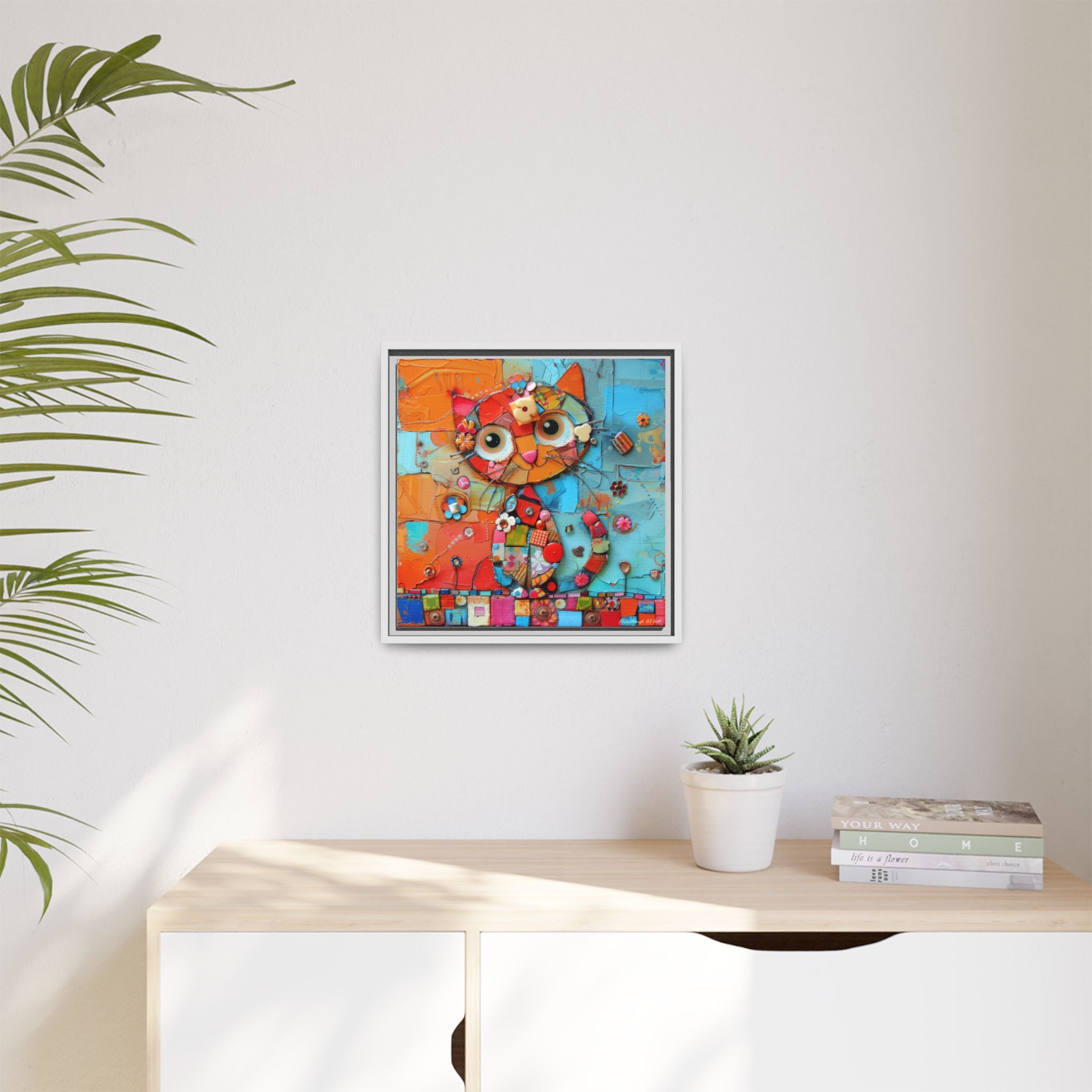 "Whimsical Mosaic Cat", Framed Mosaic Cat Art Print — Colorful Modern Wall Canvas