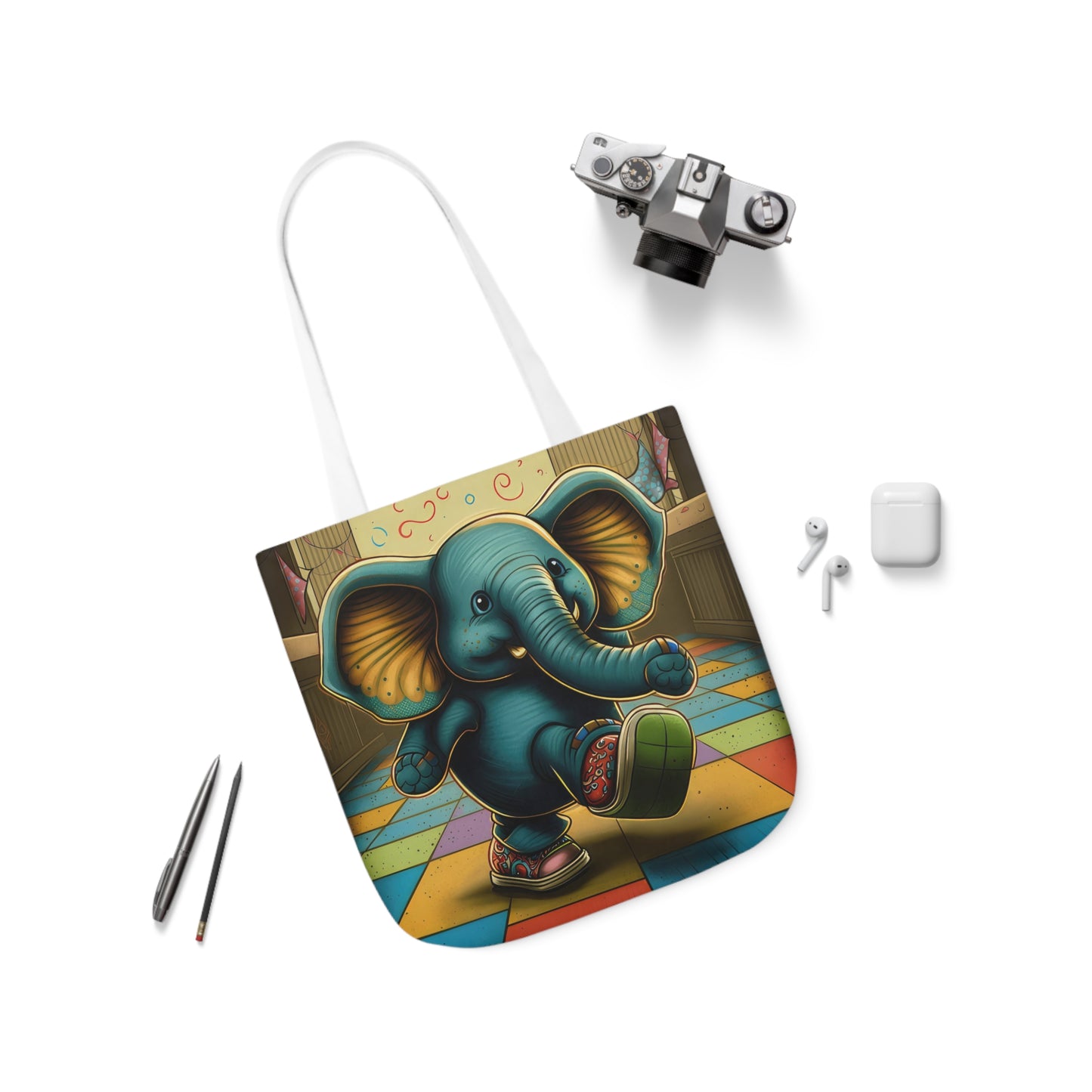 Elephant Kicking Leg On Colored Square Floor Polyester Canvas Tote Bag (AOP)