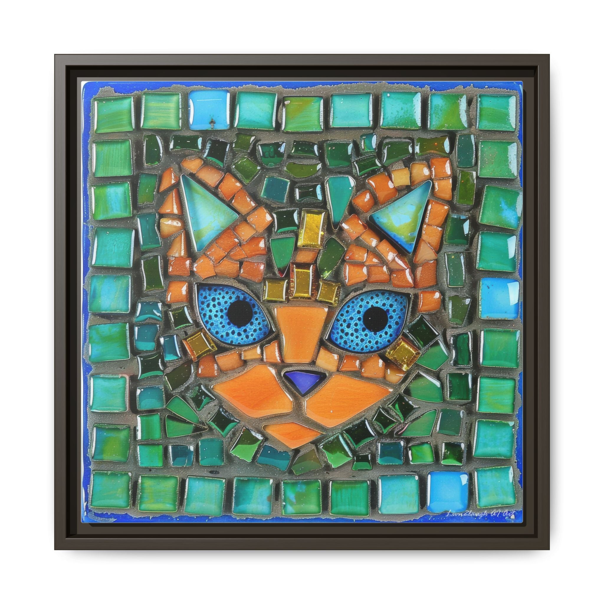 "Emerald Eyes Mosaic Cat", Framed Mosaic Cat Art Print — Colorful Modern Wall Canvas