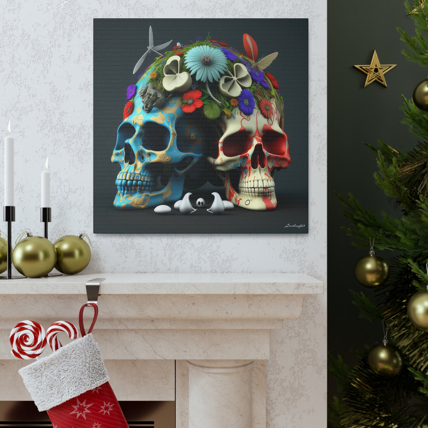 Double Skull With Blue Red  Flowers Canvas Gallery Wraps