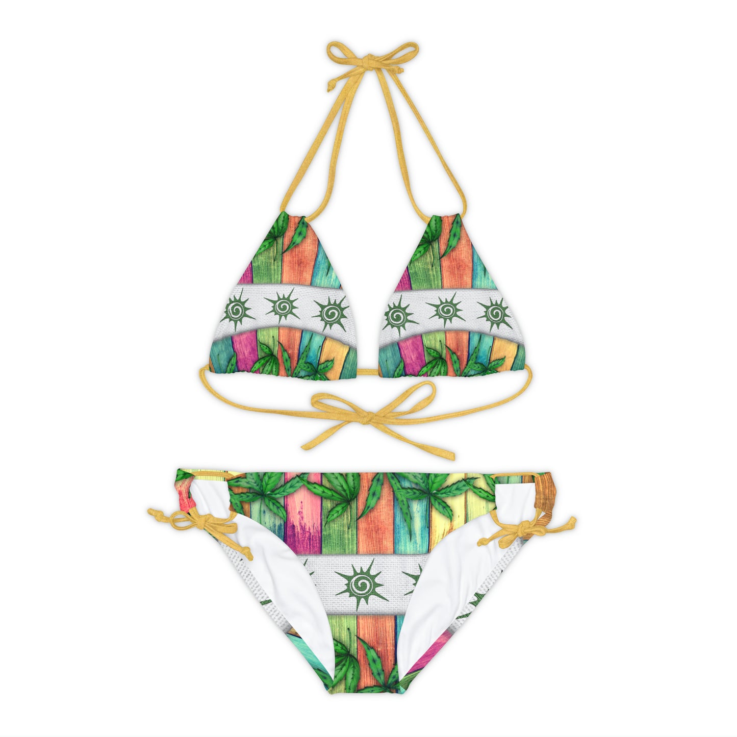 Beautiful Multicolored Pink Purple Blue 420 Weed Marijuana Leaf Strappy Bikini Set (AOP)