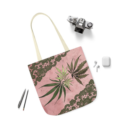 Grey Lace Gorgeous Pink Designed Marijuana 420 Weed Polyester Canvas Tote Bag (AOP)