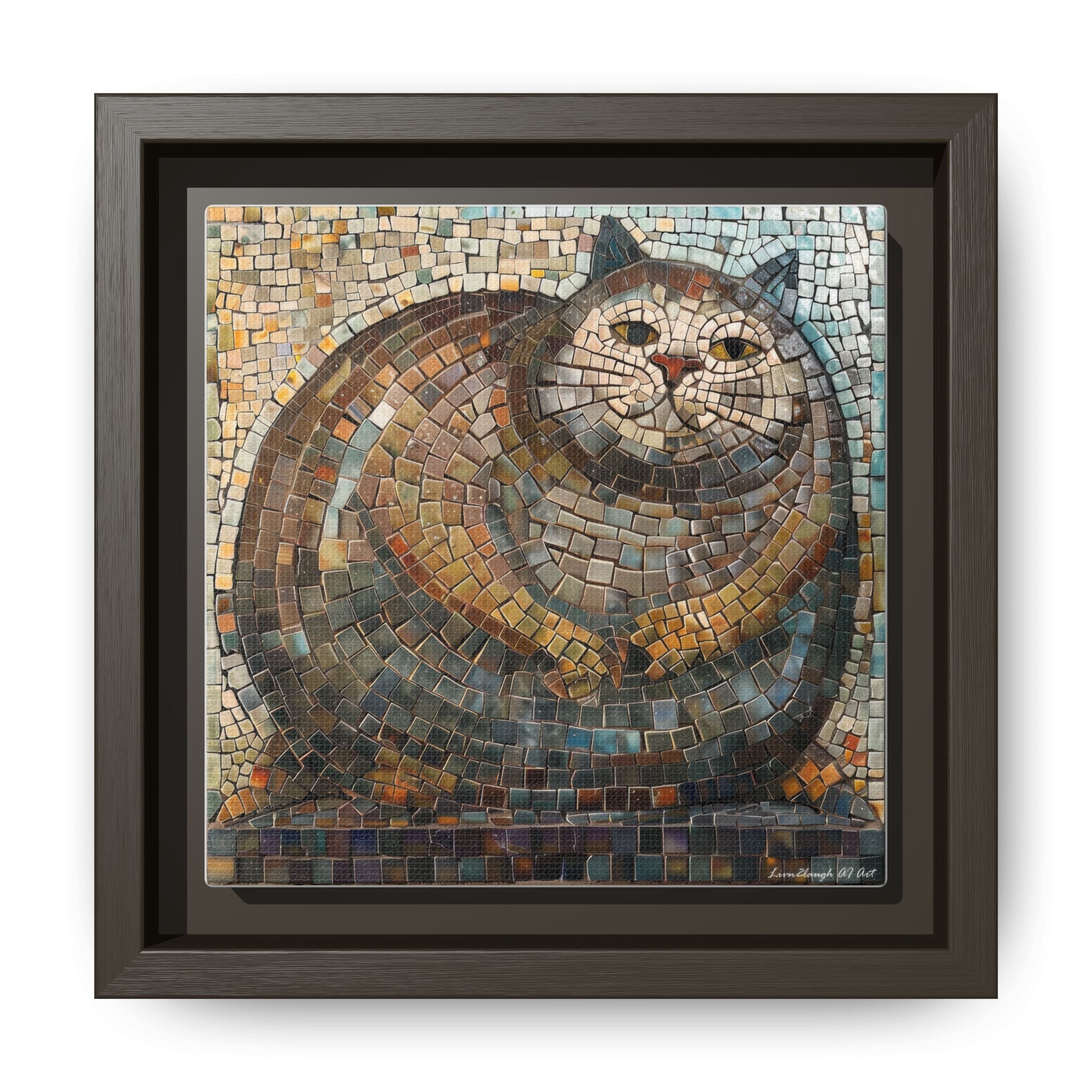 "Serene Mosaic Cat", Framed Mosaic Cat Art Print — Colorful Modern Wall Canvas