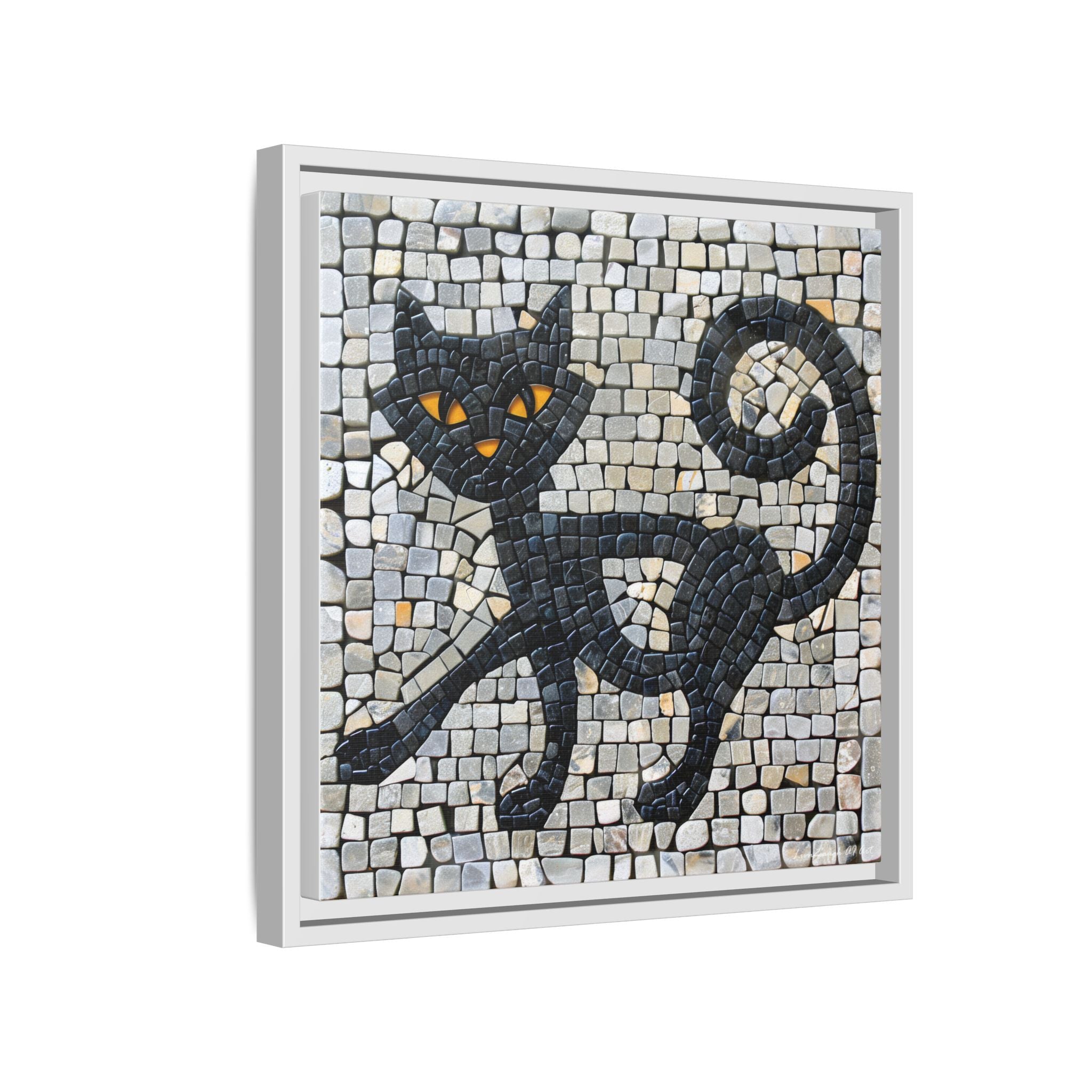 "Curious Black Cat Mosaic", Framed Mosaic Cat Art Print — Colorful Modern Wall Canvas