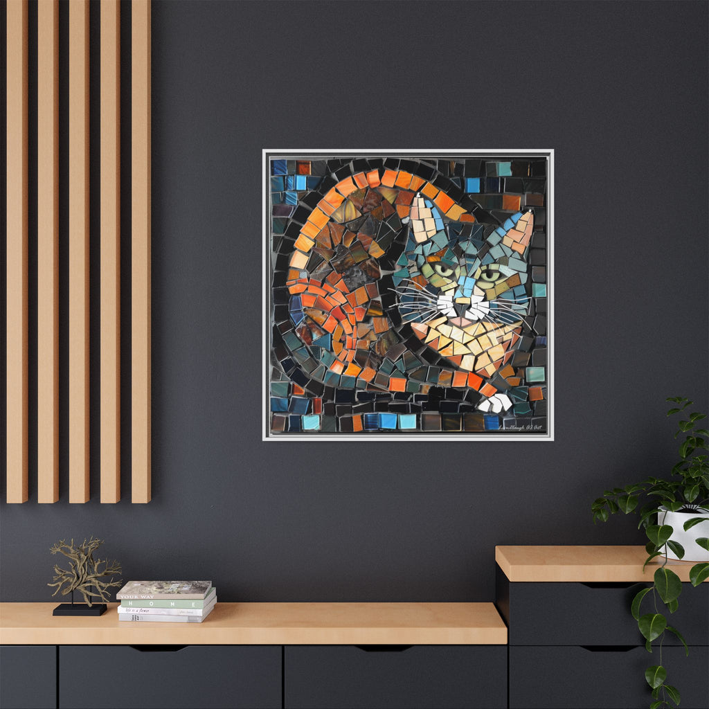 "Bold Mosaic Cat", Framed Mosaic Cat Art Print — Colorful Modern Wall Canvas