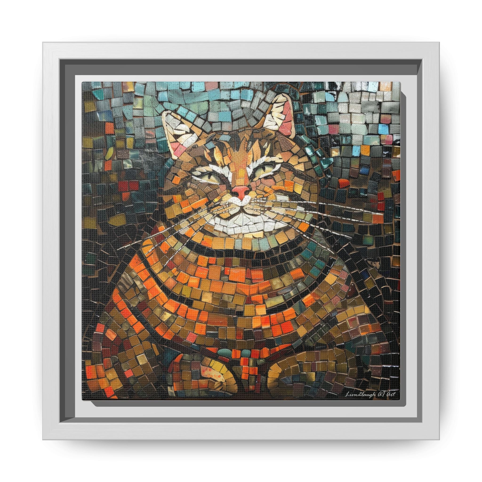 Mosaic Majesty: The Regal Cat, Framed Mosaic Cat Art Print — Colorful Modern Wall Canvas