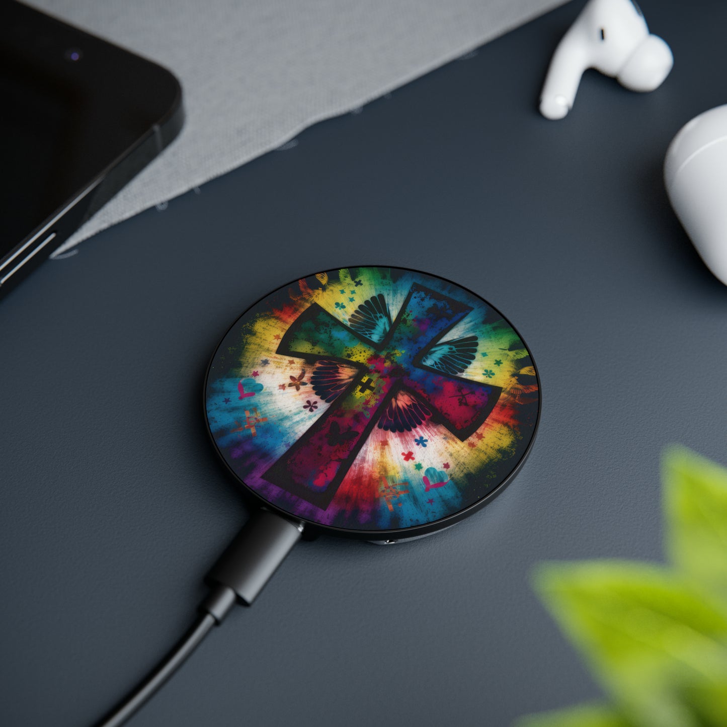 Bold And Beautiful Tie Dye Butterflies And Cross Style 5 Magnetic Induction Charger