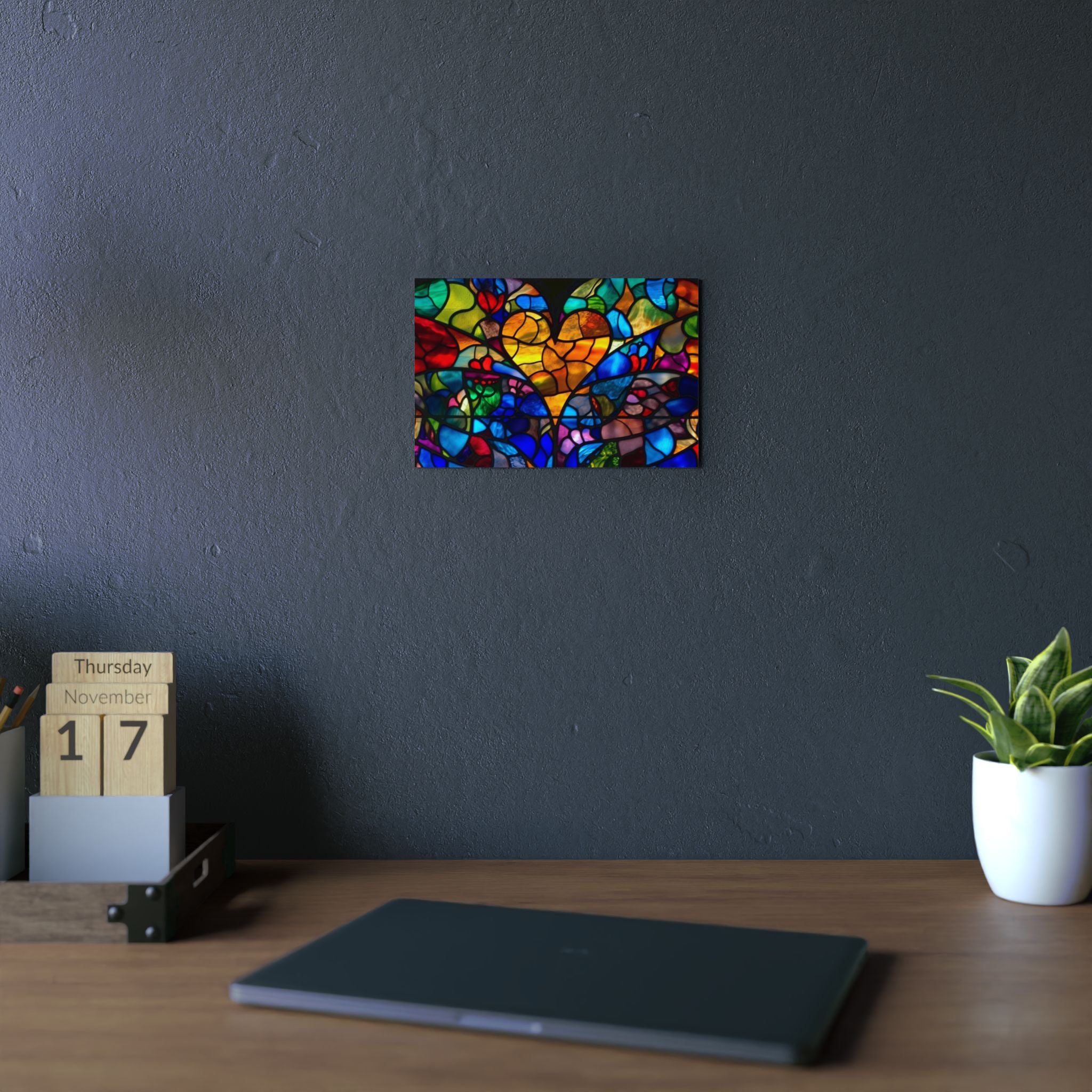 Stained Glass Blue Background Amazing Yellow Heart Aluminum Composite Panels