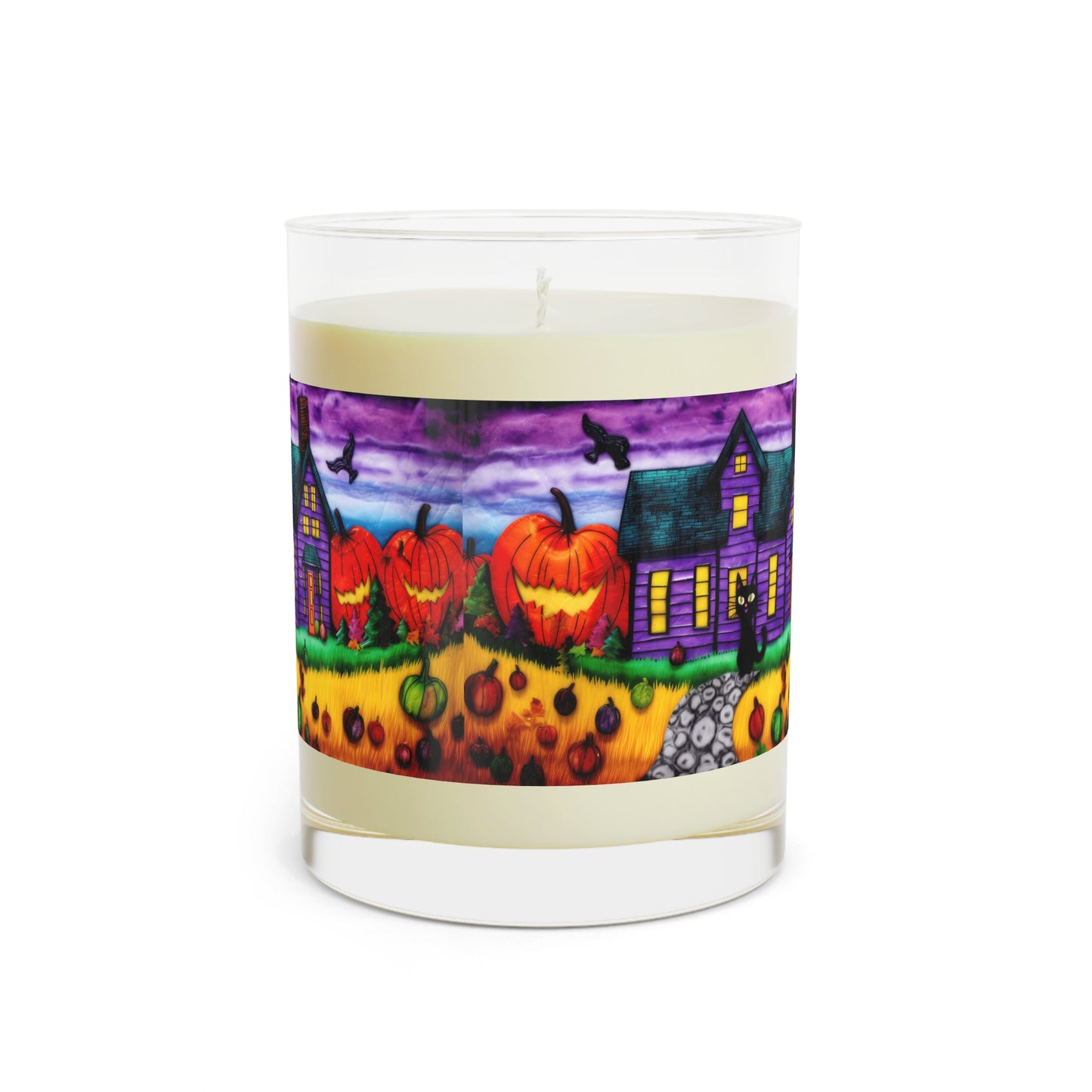 Purple- Orange Halloween, Fall Time Black Cat With Pumpkins And Purple House, Scented Candle - Full Glass, 11oz