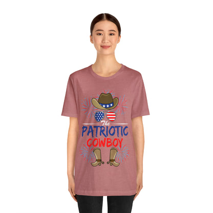 Patriotic Cowboy, American Flag 'Glasses, Cowboy Hat and Boots, Fourth of July 4th Unisex Jersey Short Sleeve Tee