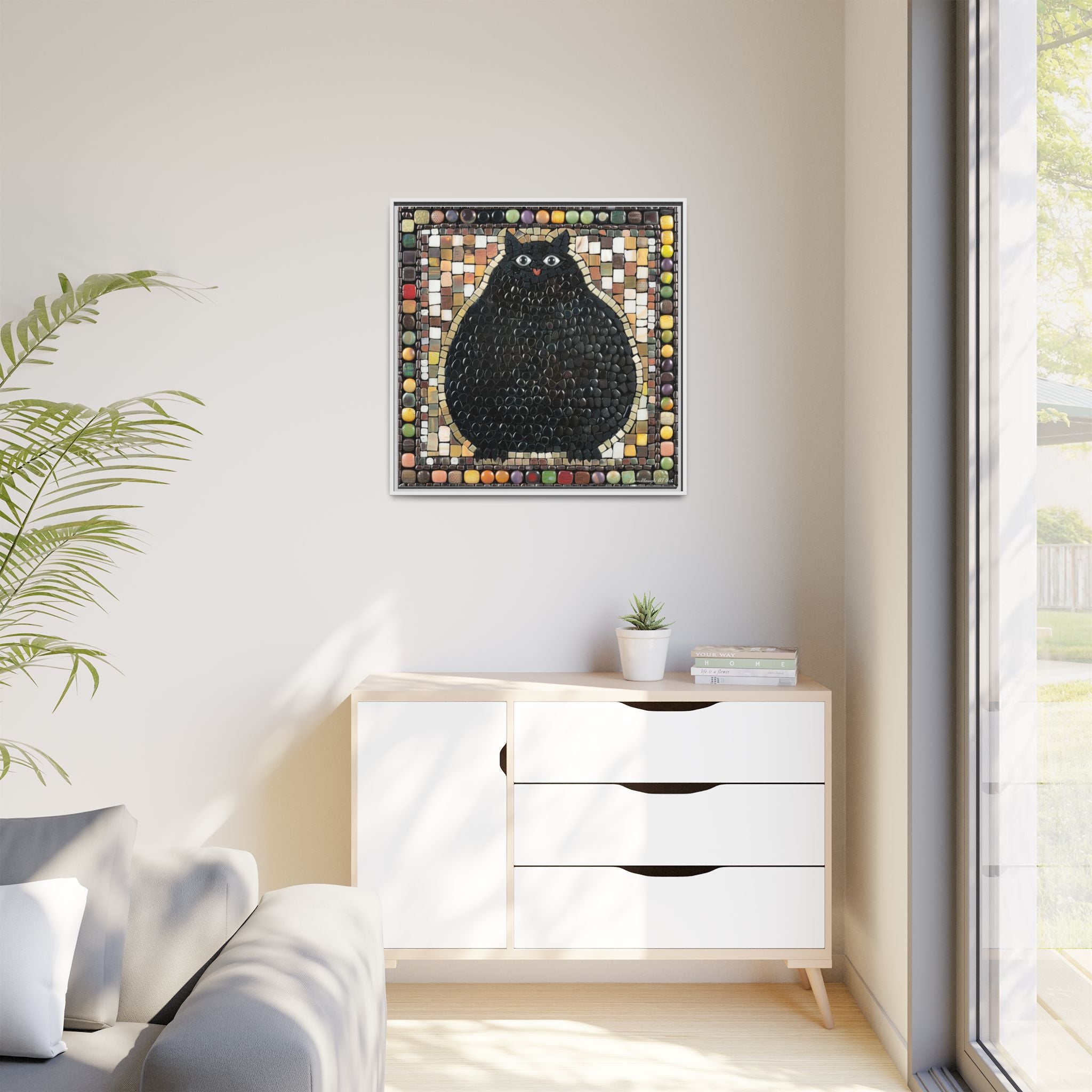 "Playful Black Cat Mosaic", Framed Mosaic Cat Art Print — Colorful Modern Wall Canvas
