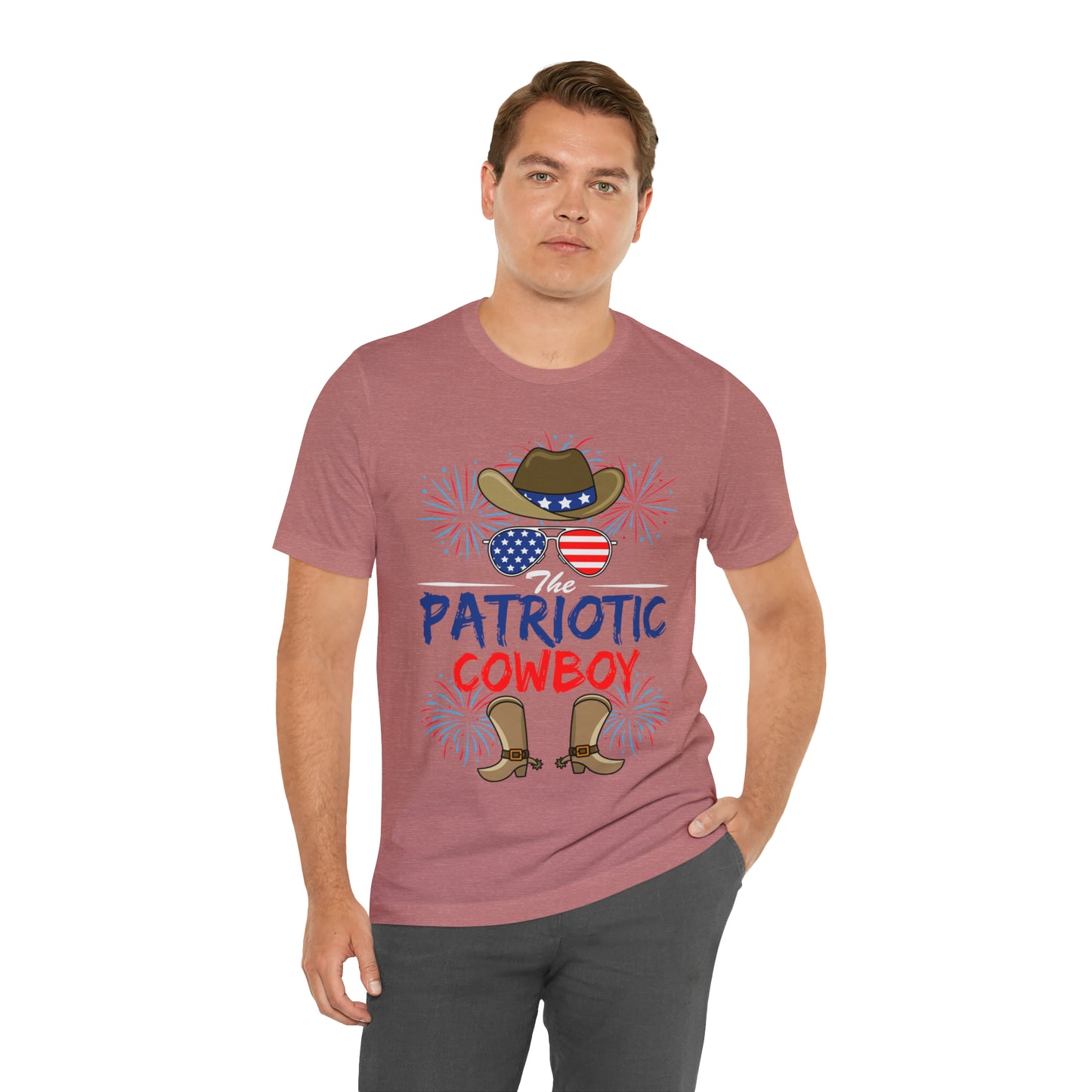 Patriotic Cowboy, American Flag 'Glasses, Cowboy Hat and Boots, Fourth of July 4th Unisex Jersey Short Sleeve Tee