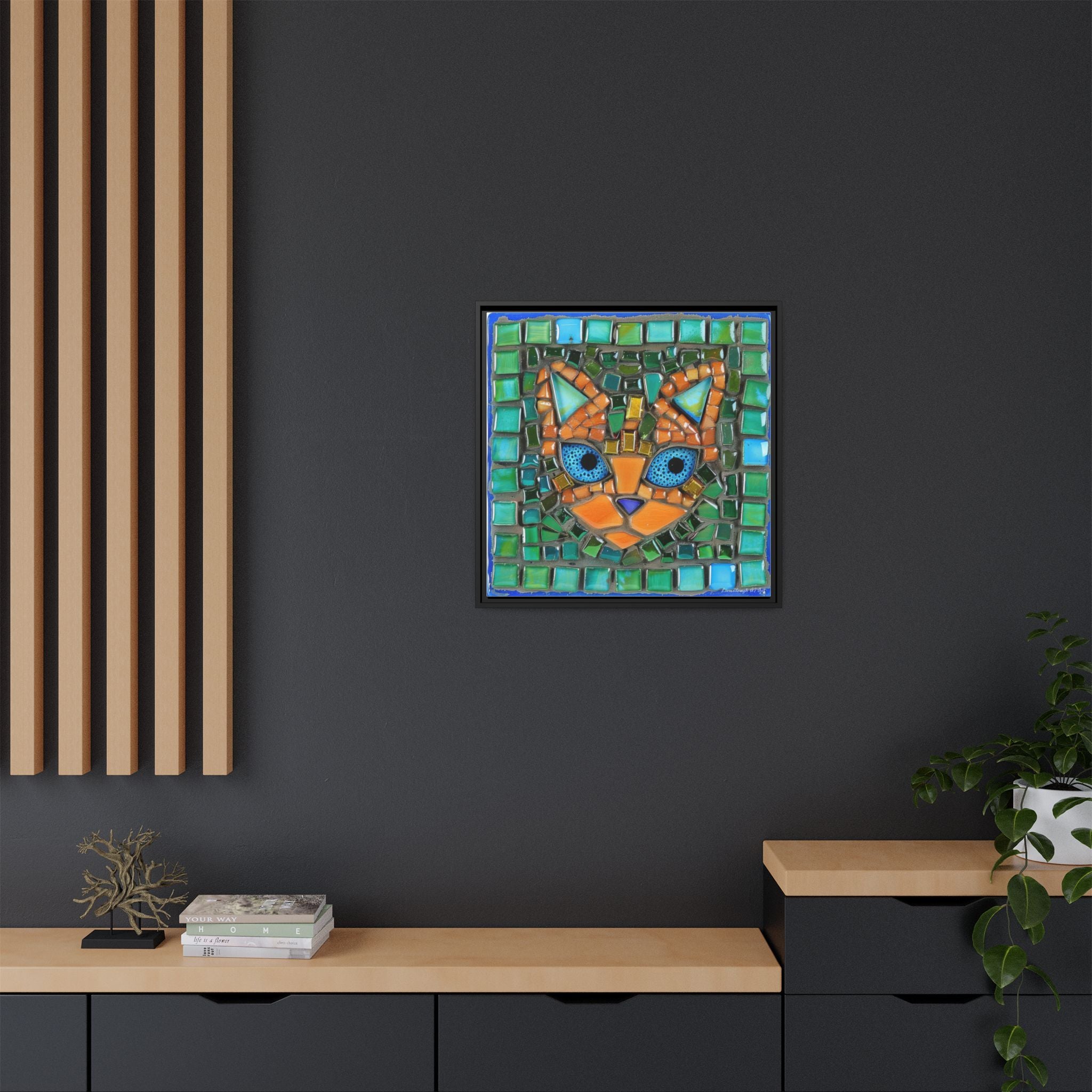 "Emerald Eyes Mosaic Cat", Framed Mosaic Cat Art Print — Colorful Modern Wall Canvas