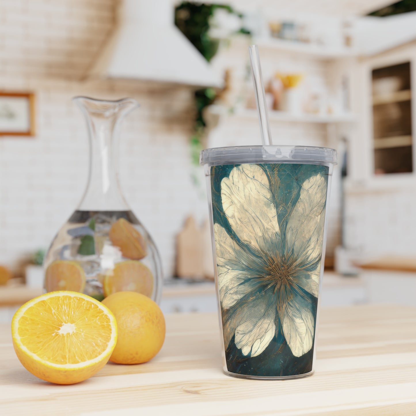 Bold And Beautiful White, Grey And Blue Floral Style 1 Plastic Tumbler with Straw