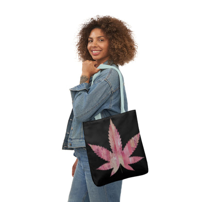 Sassy Single Pink Marijuana 420 Weed Leaf With Black Background Polyester Canvas Tote Bag (AOP)