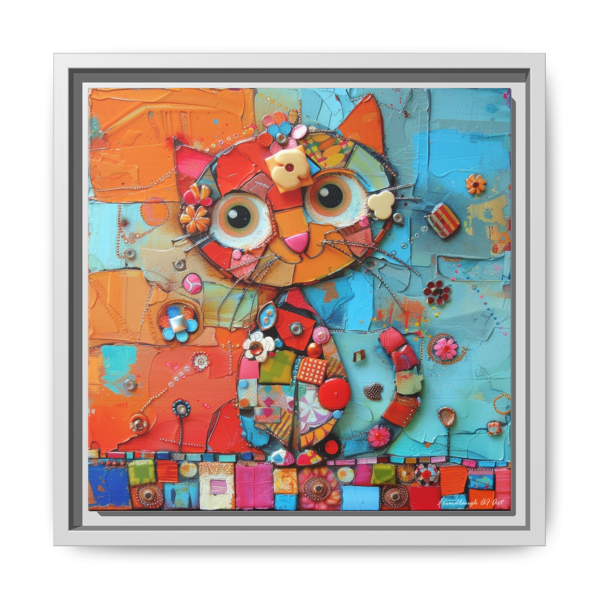 "Whimsical Mosaic Cat", Framed Mosaic Cat Art Print — Colorful Modern Wall Canvas