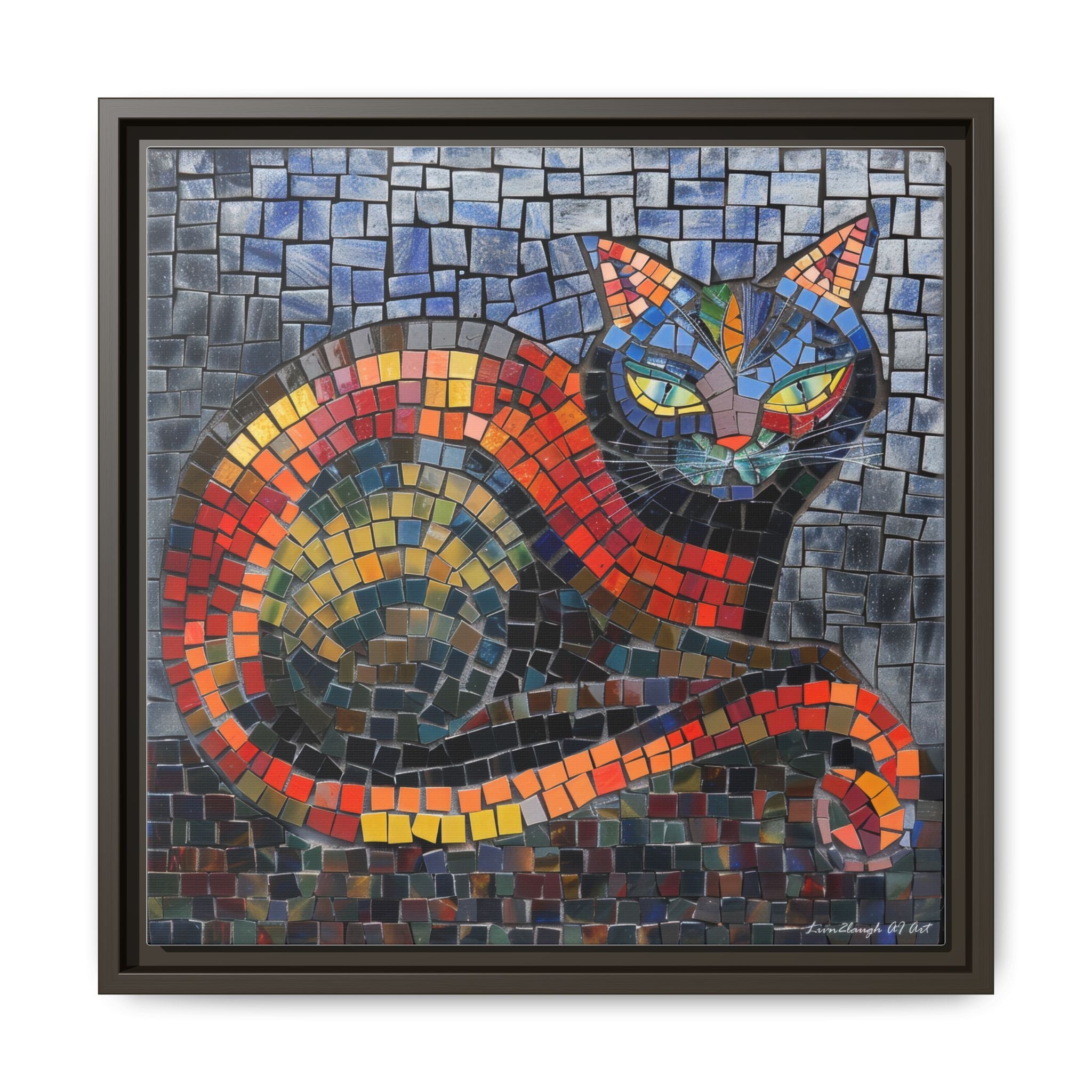 Mystic Shadows: The Enigmatic Cat, Framed Mosaic Cat Art Print — Colorful Modern Wall Canvas