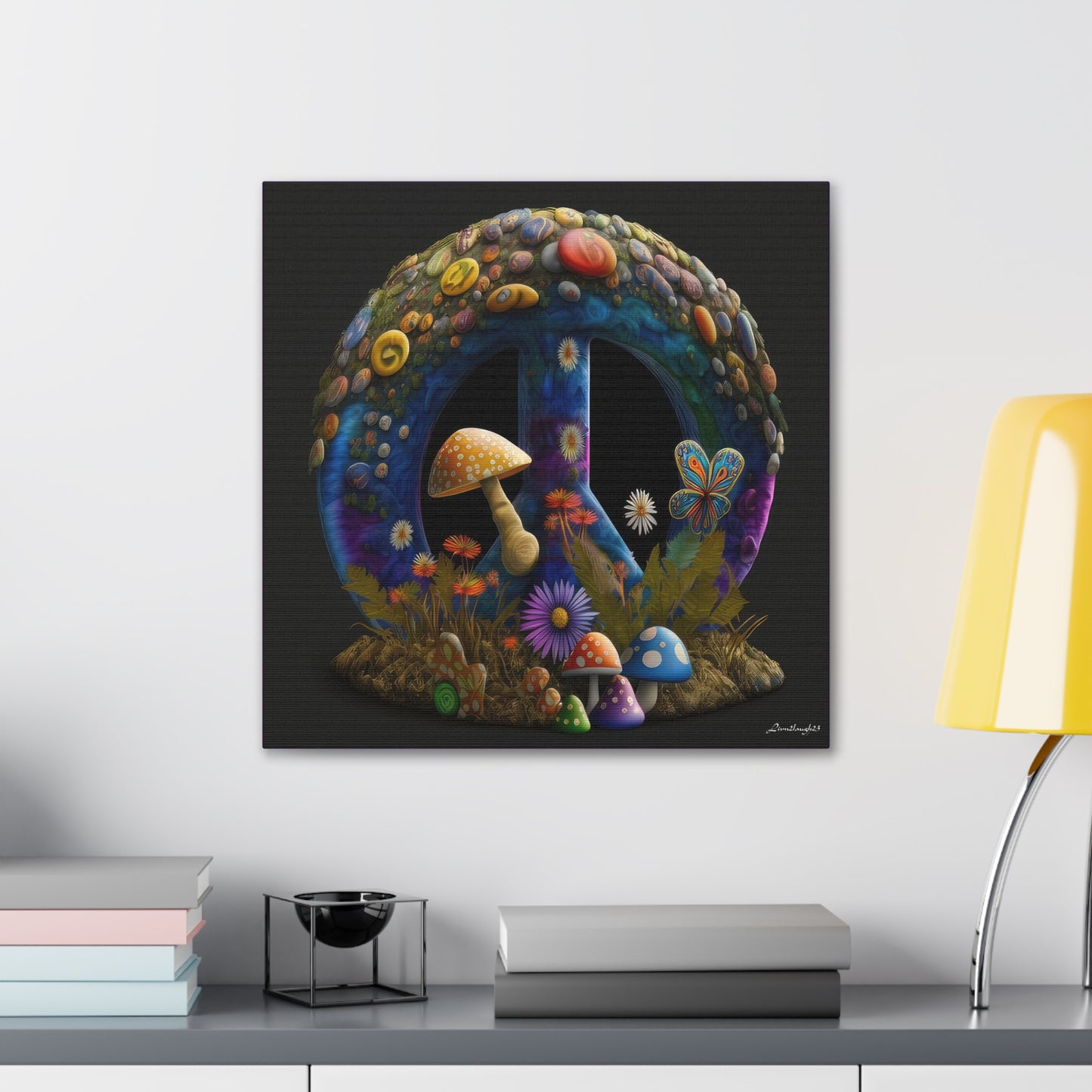 Beautiful Forest Round Peace Sign Mushrooms  Flowers And Butterfly 11 Canvas Gallery Wraps