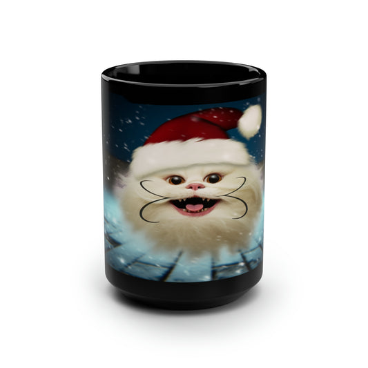 Snowball Santa Cat Claus Black Mug, 15oz