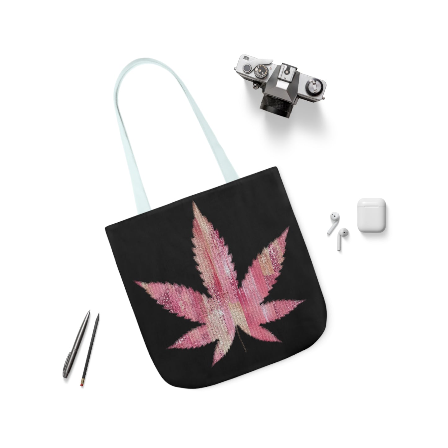 Sassy Single Pink Marijuana 420 Weed Leaf With Black Background Polyester Canvas Tote Bag (AOP)