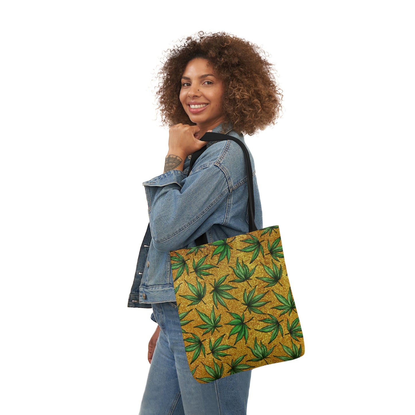 Gold And Green Marijuana Pot Weed Leaf With Gold Background 420 Polyester Canvas Tote Bag (AOP)