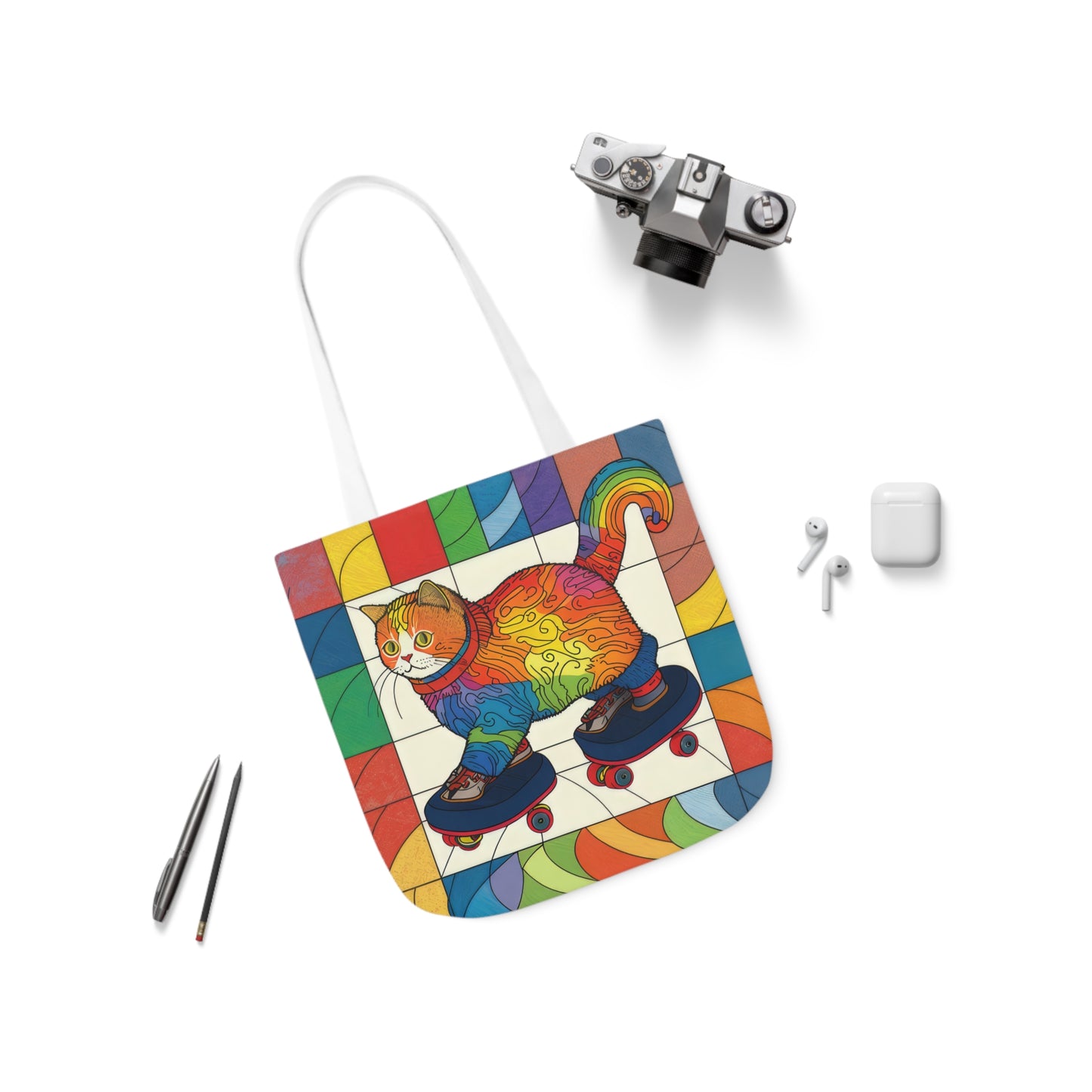 Gorgeous Rainbow Cat Riding A Skate/Skateboard With Rainbow Border Polyester Canvas Tote Bag (AOP)