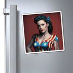 Retro Tattooed Pinup Blue, Red And White Star Magnet Style Seven