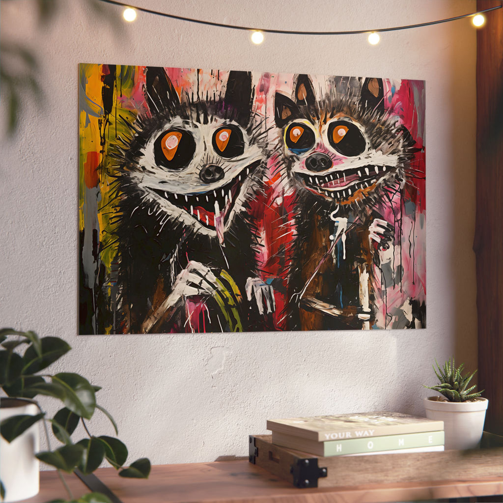 Doodle Abstract Wide Eye Racoons With Colorful Grey Pink Yellow Background By DaFlowerChild Aluminum Composite Panels