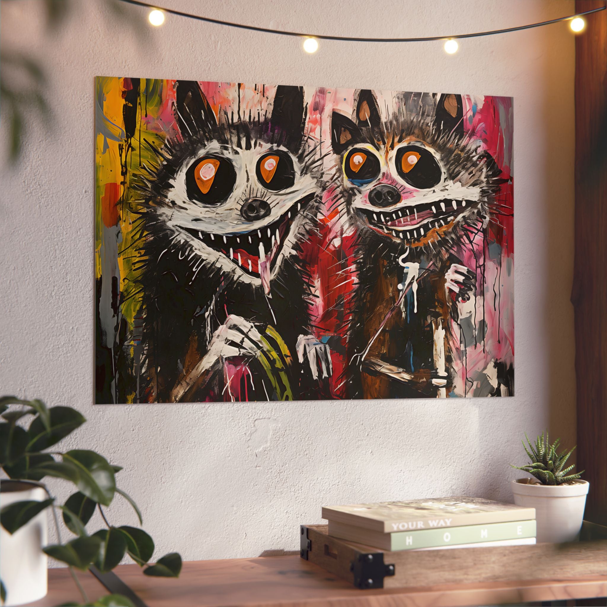 Doodle Abstract Wide Eye Racoons With Colorful Grey Pink Yellow Background By DaFlowerChild Aluminum Composite Panels
