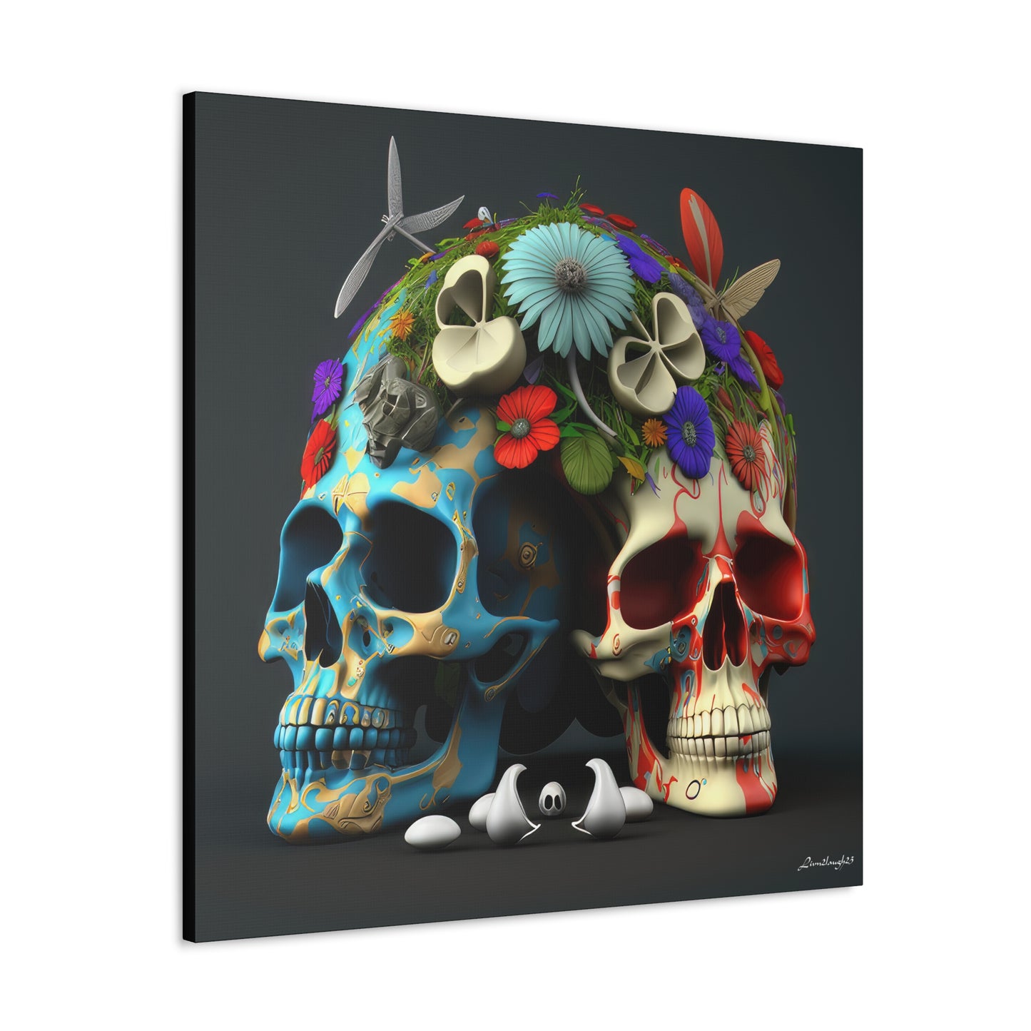 Double Skull With Blue Red  Flowers Canvas Gallery Wraps