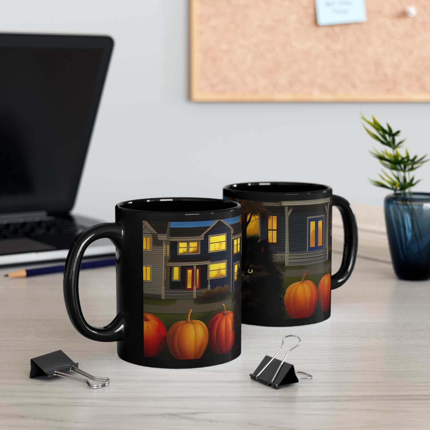 Spooky Halloween House, Fluffy Black Kitten With Pumpkins, Fall Time 11oz Black Mug