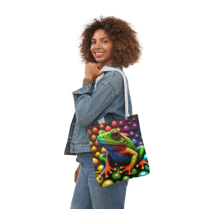 Sassy Rainbow Round Skittle Like Background With Beautiful Frog Polyester Canvas Tote Bag (AOP)