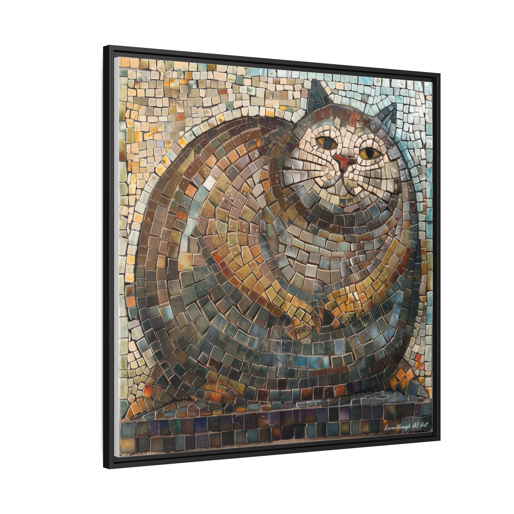 "Serene Mosaic Cat", Framed Mosaic Cat Art Print — Colorful Modern Wall Canvas