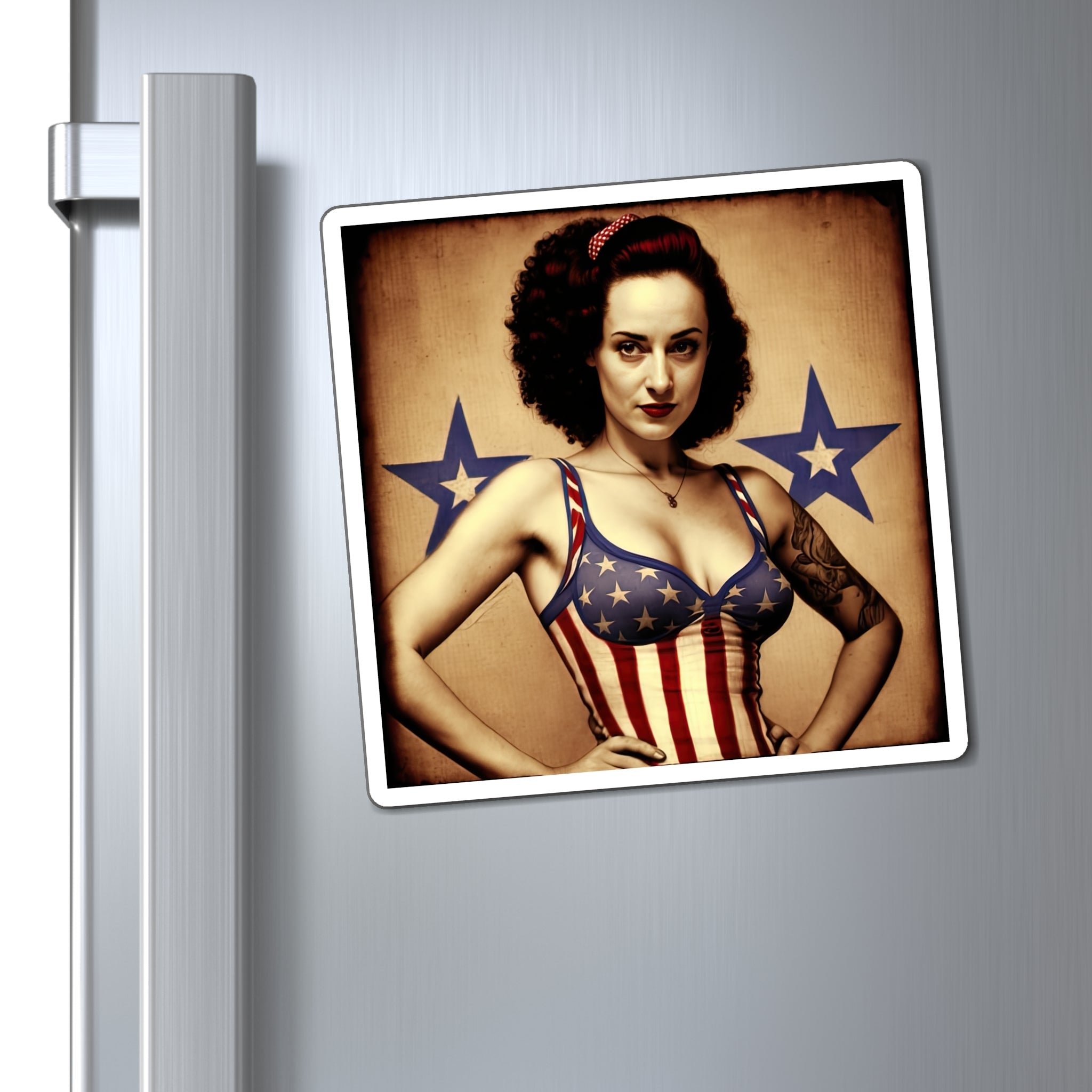 Retro Tattooed Pinup Blue, Red And White Star Magnet Style three