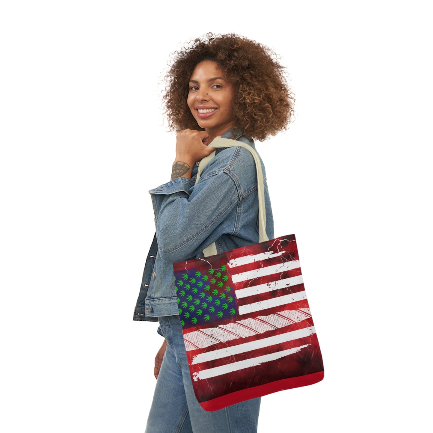 Flag Red, White And Blue Beautiful Red Background With Marijuana Pot Weed 420 Leaf Polyester Canvas Tote Bag (AOP)