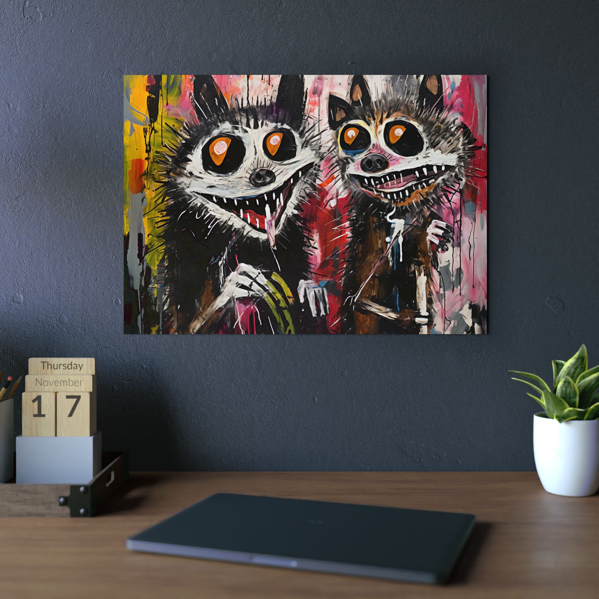 Doodle Abstract Wide Eye Racoons With Colorful Grey Pink Yellow Background By DaFlowerChild Aluminum Composite Panels