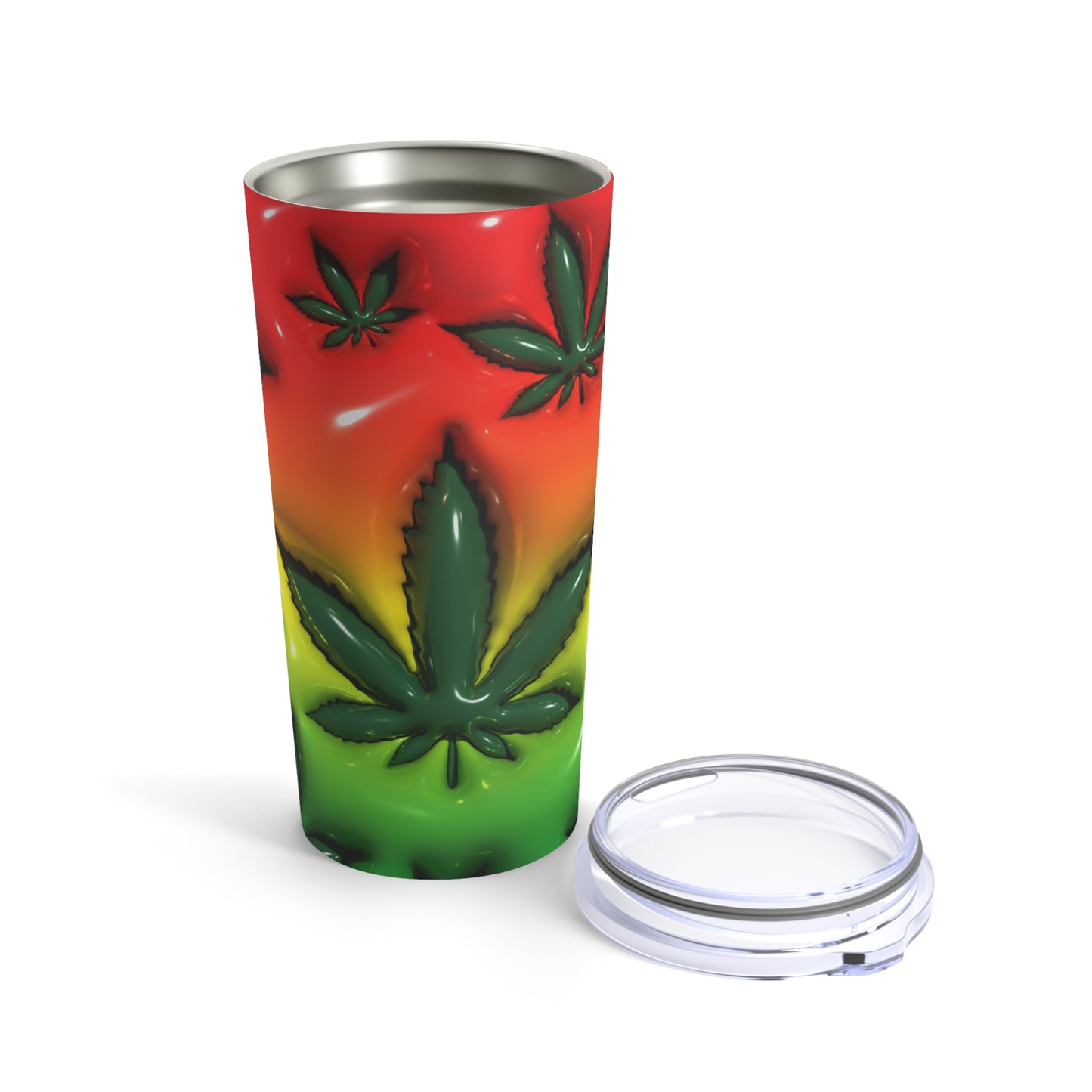 Red Green Yellow Orange Puffy 3-D Marijuana Leaves Elegantly Designed 420 Weed Tumbler 20oz