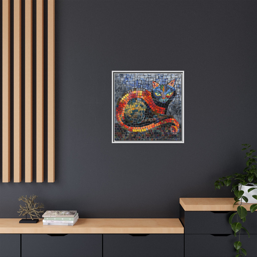 Mystic Shadows: The Enigmatic Cat, Framed Mosaic Cat Art Print — Colorful Modern Wall Canvas