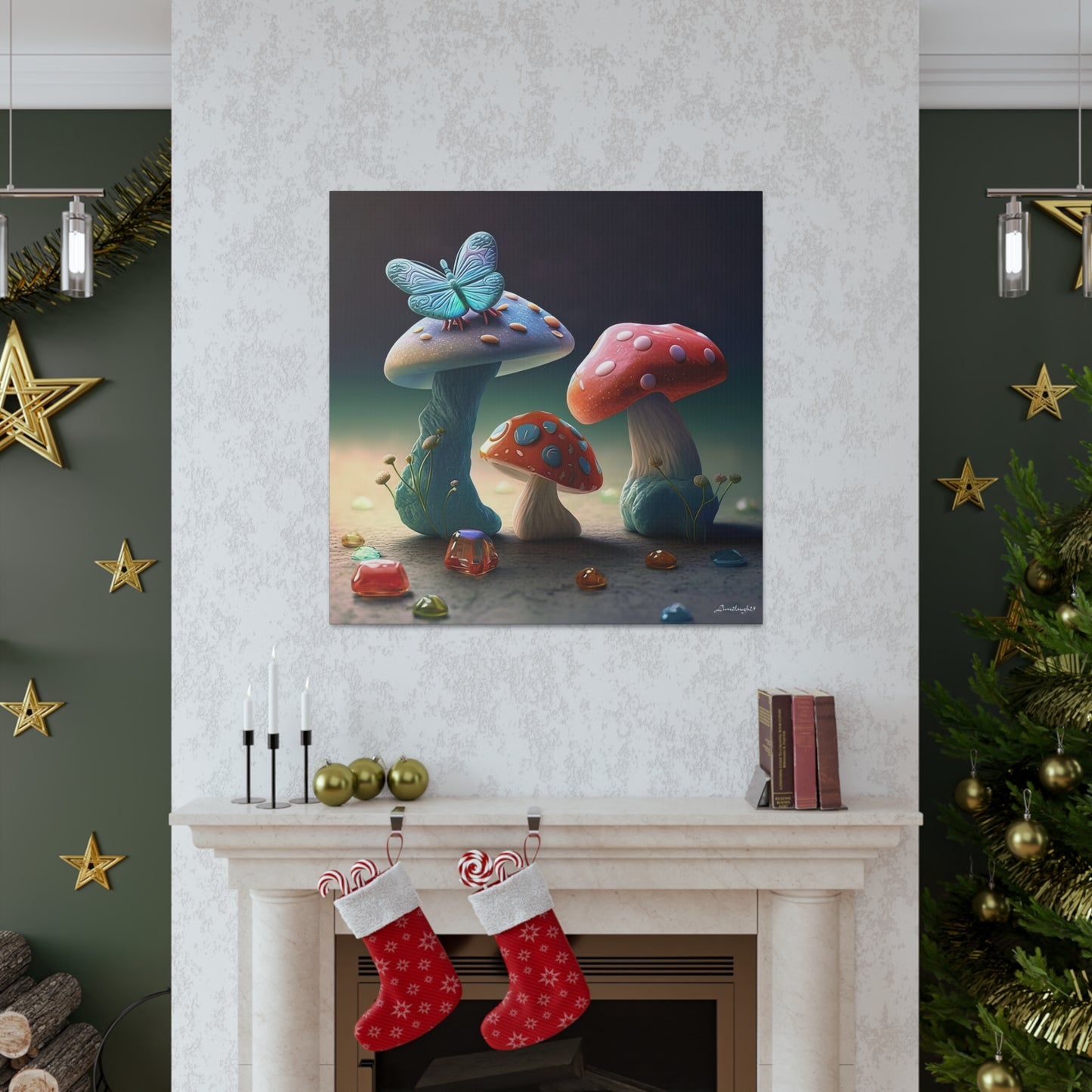 Beautiful Mushroom Luminating Colorful Bliss With Butterflies 2 Canvas Gallery Wraps