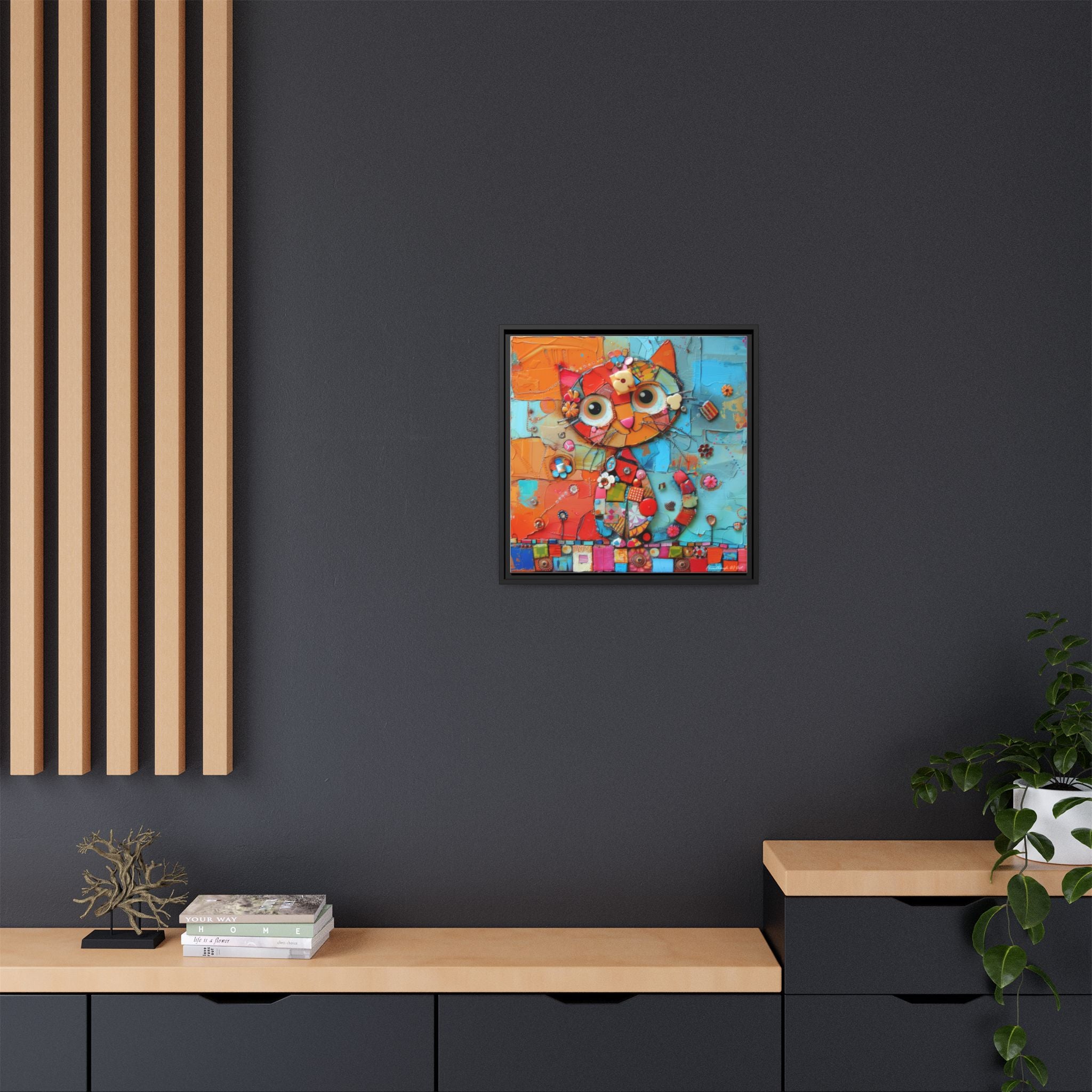 "Whimsical Mosaic Cat", Framed Mosaic Cat Art Print — Colorful Modern Wall Canvas