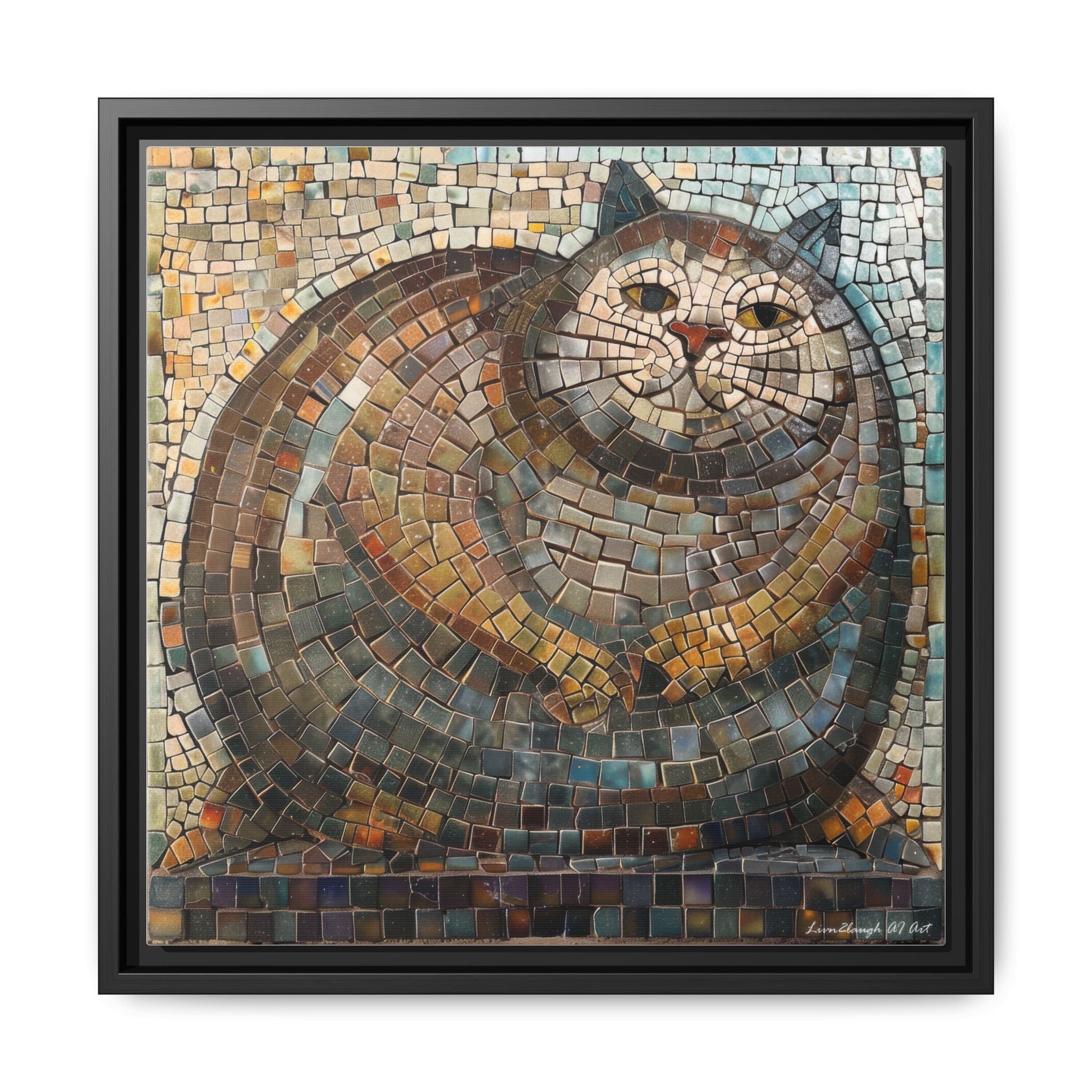 "Serene Mosaic Cat", Framed Mosaic Cat Art Print — Colorful Modern Wall Canvas