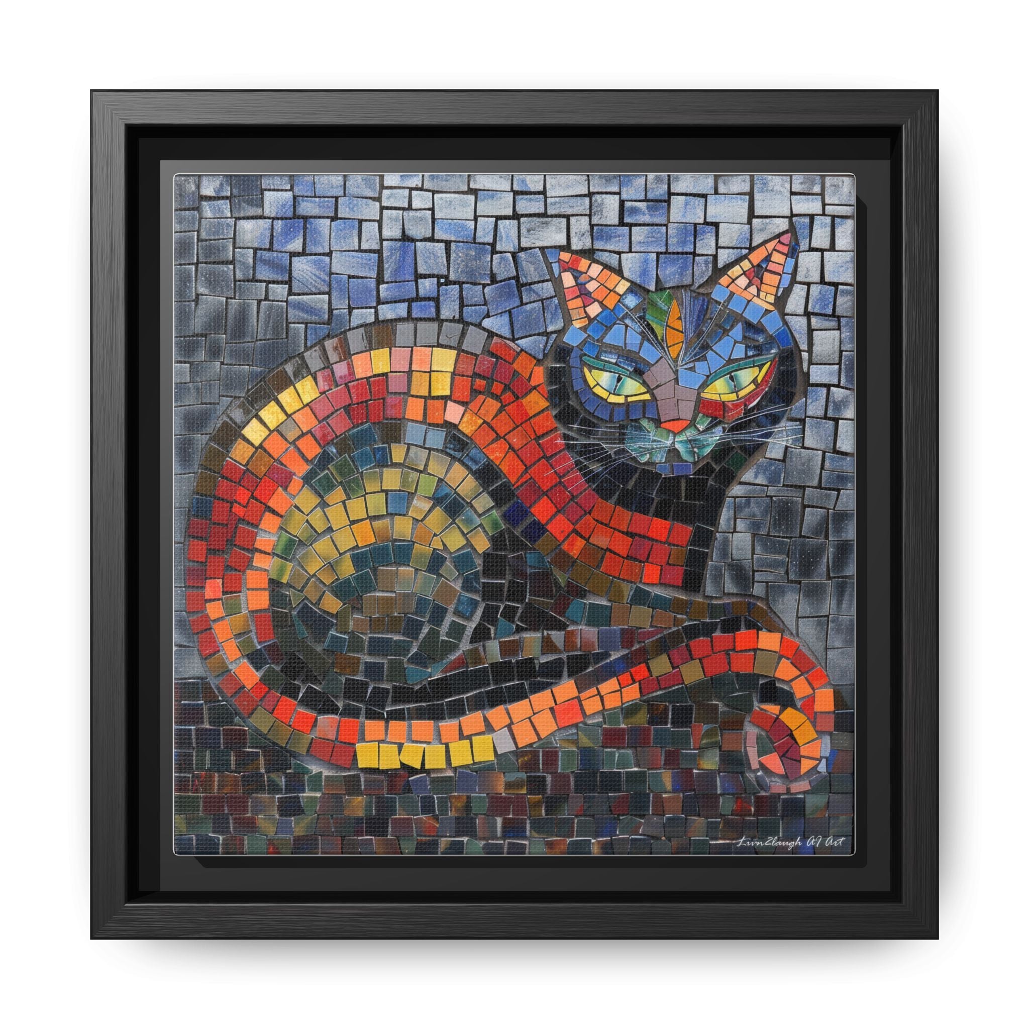 Mystic Shadows: The Enigmatic Cat, Framed Mosaic Cat Art Print — Colorful Modern Wall Canvas