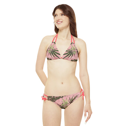 Grey Lace Gorgeous Pink Designed Marijuana 420 Weed Strappy Bikini Set (AOP)