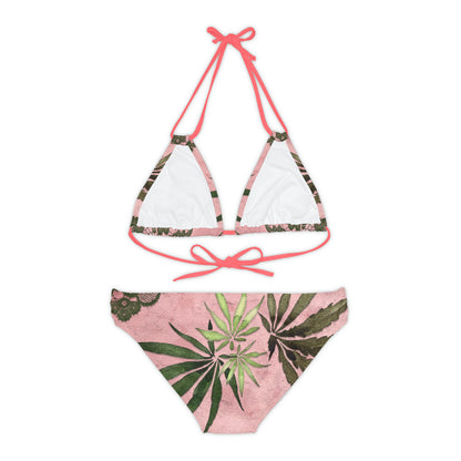 Grey Lace Gorgeous Pink Designed Marijuana 420 Weed Strappy Bikini Set (AOP)